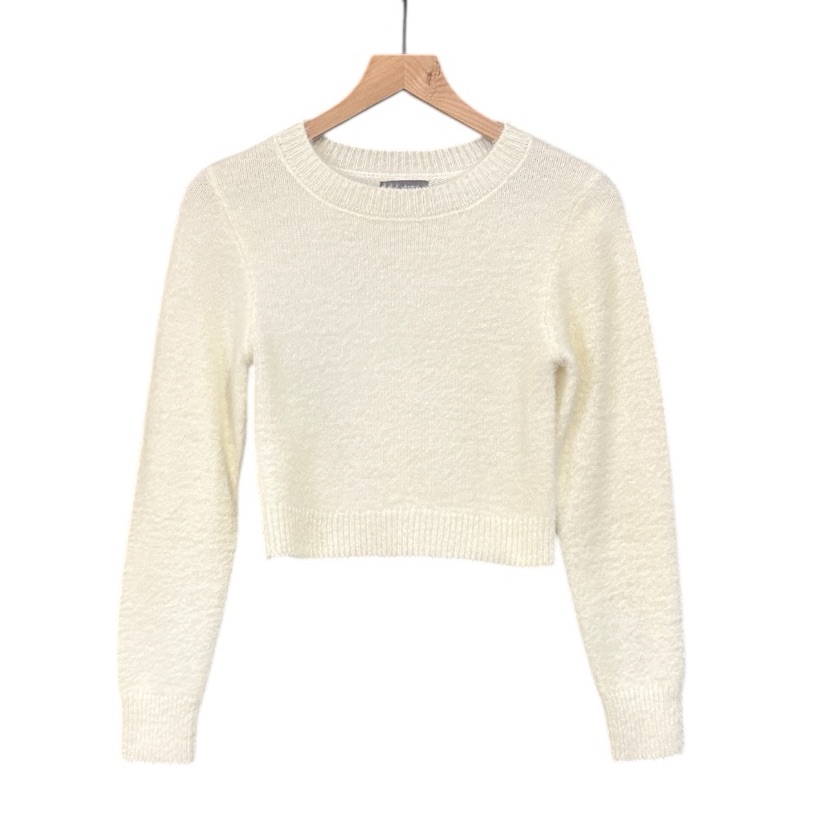 Urban Outfitters Fuzzy Cropped Long Sleeve Pullover Sweater Winter White Medium